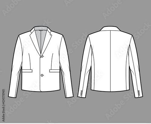 Single breasted jacket suit technical fashion illustration with long sleeves, notched lapel collar, flap welt pockets. Flat coat template front, back, white color style. Women, men, unisex CAD mockup