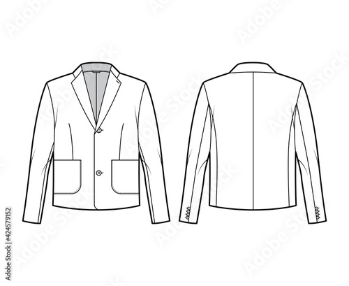 Blazer jacket suit technical fashion illustration with long sleeves, notched lapel collar, patch pockets, oversized body. Flat coat template front, back, white color style. Women, men, top CAD mockup