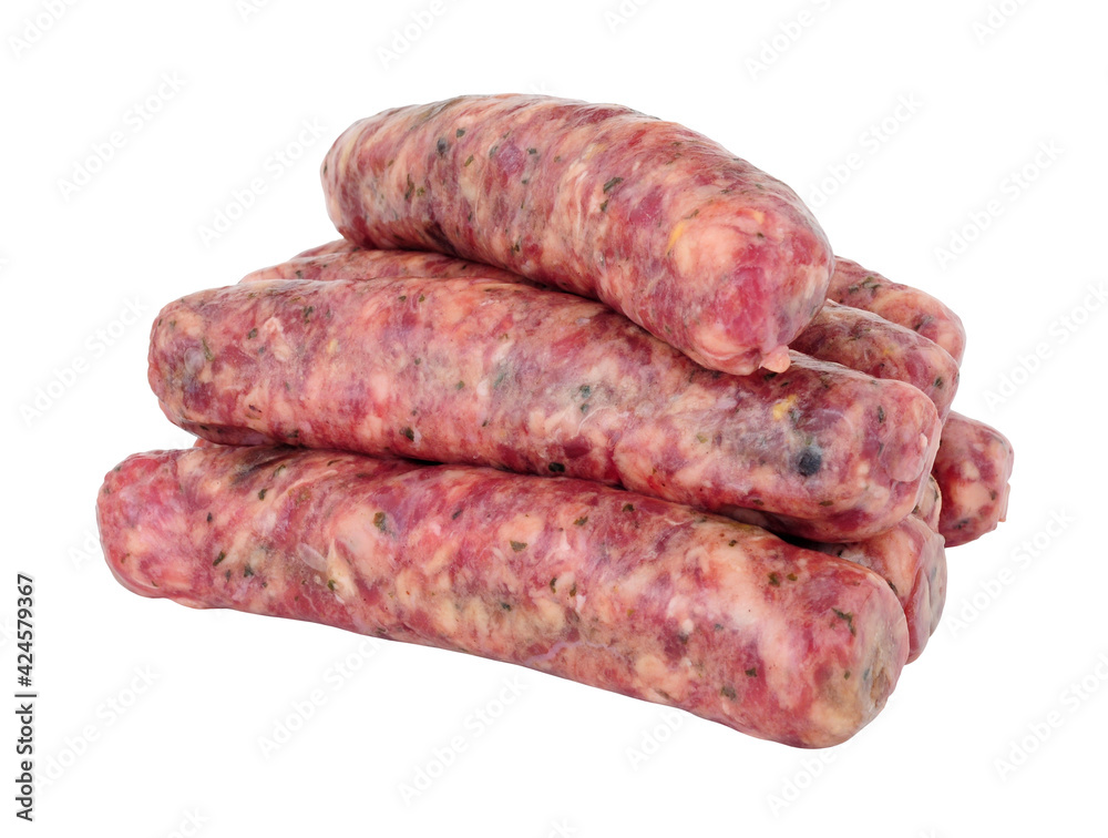 Group of raw Aberdeen Angus beef sausages isolated on a white background Group of raw Aberdeen Angus beef sausages isolated on a white background