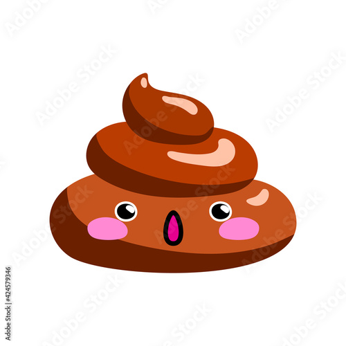 Shit or turd emoji vector icon with surprised gasping face, isolated illustration in flat cartoon and kawaii style