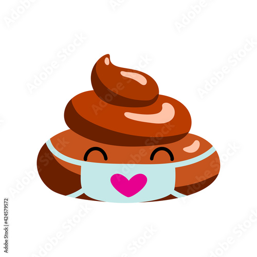 Shit or turd wearing medical mask emoji vector icon as concept for coronavirus prevention and other diseases as flu, air pollution, contaminated air. Isolated illustration