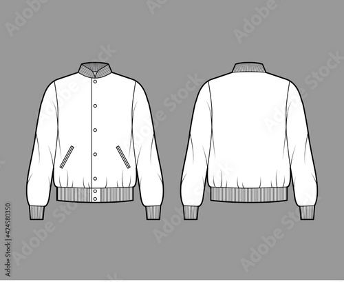 Varsity Bomber jacket technical fashion illustration with Rib baseball collar, cuffs, waistband, buttons fastening, oversized, long sleeves. Flat coat template front, back white color. Women men CAD