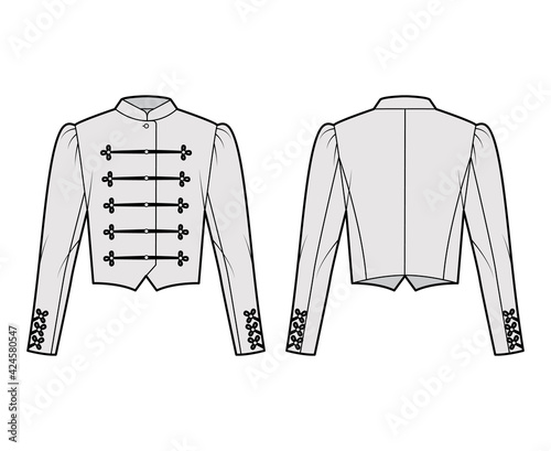 Majorette jacket technical fashion illustration with crop length, long leg o Mutton sleeves, stand collar, button frog closure. Flat blazer template front, back grey color style. Women, men CAD mockup