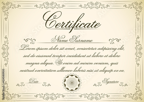 Certificate design with vintage swirl frame. Editable retro diploma template design to use for wedding cards, invitations and school diploma. 