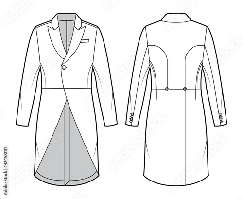 Morning coat jacket technical fashion illustration with long sleeves, peaked lapel collar, cutaway front, welt pocket. Flat template, back, white color style. Women, men, unisex top CAD mockup