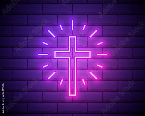 Neon illumination of the cross. The bright advertisement of the cross. Modern vector logo, banner, shield, drawing of Christianity. Night advertising on the background of a brick wall.