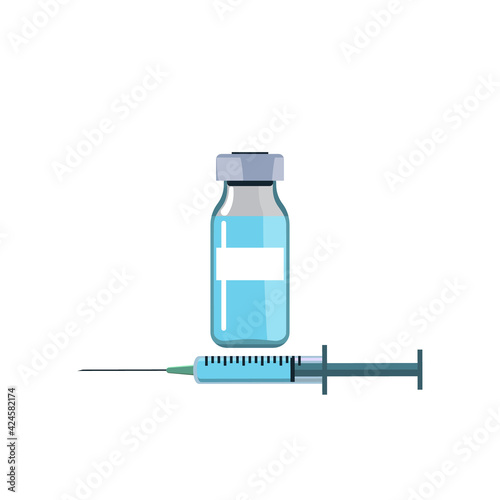 Syringe with vial of vaccine. The concept of vaccination, a cure for the virus. Color vector illustration in a flat style.