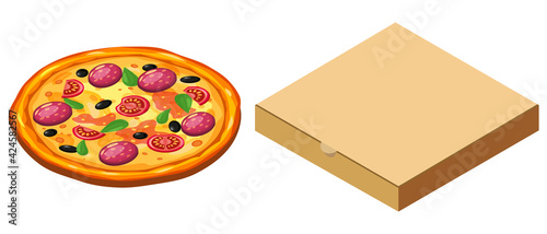 Pizza and box cardboard package closed, isometric. Package template, delivery, flat design. Vector