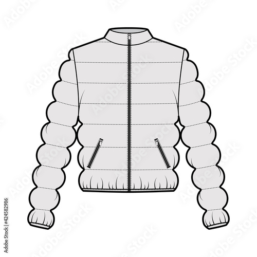 Down jacket puffer waistcoat technical fashion illustration with long sleeve, stand collar, zip-up closure, pockets, oversized body. Flat template front, grey color style. Women, men top CAD mockup