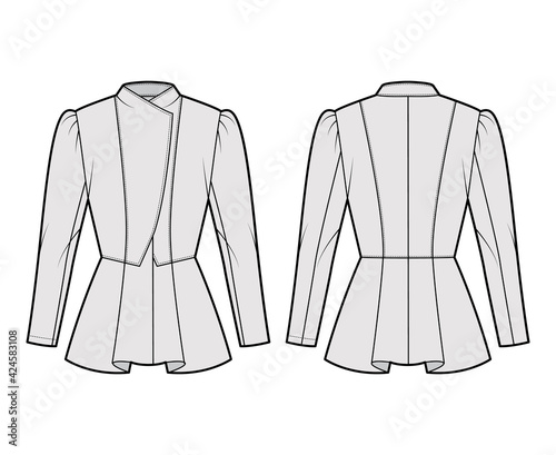 Peplum hem jacket technical fashion illustration with fitted body, long gigot sleeves, wrap collar opening. Flat coat template front, back, grey color style. Women, men, unisex top CAD mockup