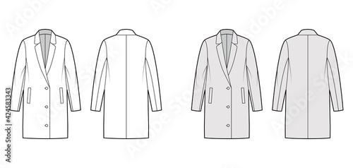 Oversized jacket technical fashion illustration with notched collar, long sleeves, welt pockets, button opening. Flat coat template front, back white, grey color style. Women, men, unisex CAD mockup