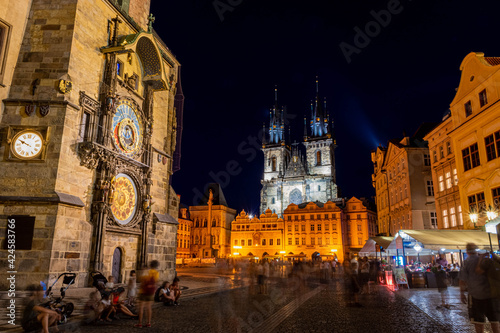 PRAGUE, CZECH REPUBLIC, 31 JULY 2020: Astronomical Clock and Church of Our Lady of Tyn at night © Stefano Zaccaria