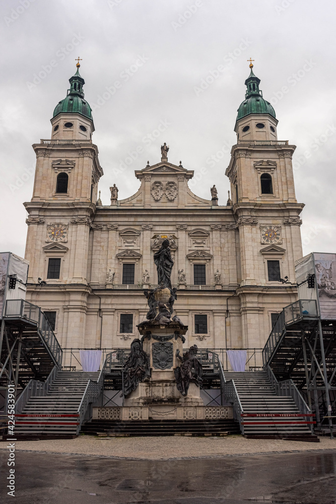 SALZBURG, AUSTRIA, 2 AUGUST 2020: Facade of Salzburg Cathedral