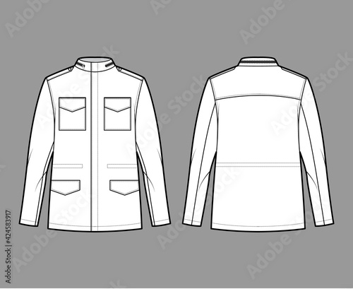 M-65 field jacket technical fashion illustration with oversized, stand collar, long sleeves, flap pockets, epaulettes. Flat coat template front, back white color style. Women men unisex top CAD mockup