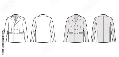 Double breasted jacket suit technical fashion illustration with long sleeves, notched lapel collar, flap welt pockets. Flat coat template front, back, white, grey color style. Women, men, CAD mockup