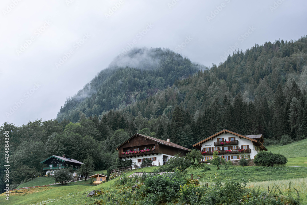 BERCHTESGADEN, GERMANY, 3 AUGUST 2020: Wooden houses in Bavaria