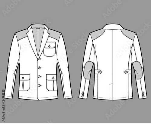 Hunting Shooting jacket technical fashion illustration with notched collar, flap pockets, Trim, Shoulder Elbow Patch. Flat coat template front, back, white, grey color. Women, unisex Blazer CAD mockup