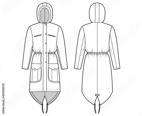 Parka coat technical fashion illustration with faux fur hood, long sleeves, fitted body, knee length, flap pockets. Flat jacket template front, back, white color style. Women men unisex top CAD mockup