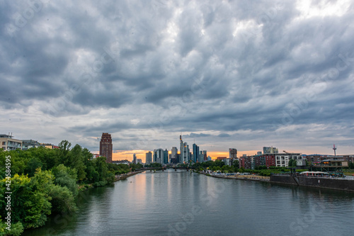 FRANKFURT, GERMANY, 25 JULY 2020: View on the financial district with Main river in Frankfurt city