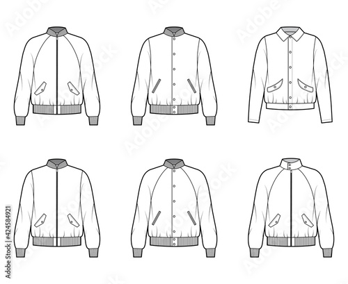 Photo Set of Bomber jackets technical fashion illustration with Rib baseball collar, cuffs, oversized, long raglan sleeves, flap pockets
