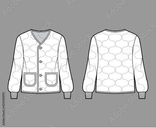 ALS 92 field jacket liner technical fashion illustration with oversized, long sleeves, pockets, Onion quilted shell. Flat coat template front, back white color style. Women men unisex top CAD mockup