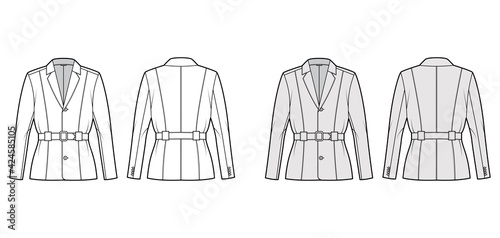 Belted jacket technical fashion illustration with belt, oversized, long sleeves, notched collar, button opening. Flat coat template front, back, white, grey color style. Women, men, unisex CAD mockup
