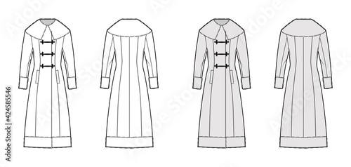Cossack coat technical fashion illustration with long sleeves, fur cuff, collar, hem, midi length, double breasted. Flat jacket template front, back, white, grey color style. Women, men top CAD mockup