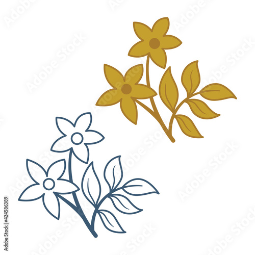 Flower. Abstract flower hand drawing illustration. Outline and golden flower drawing. Part of set.