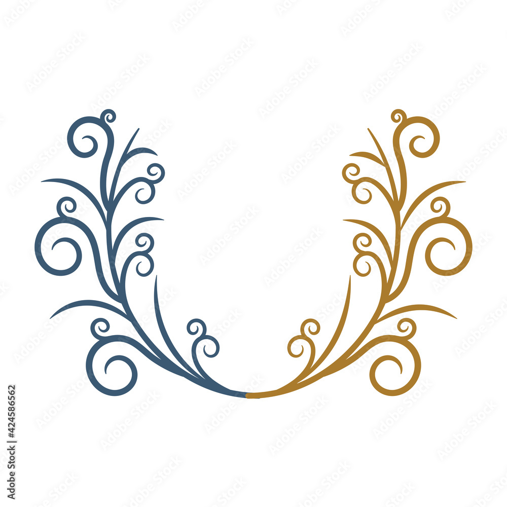 Floral wreath and design elements. Hand drawn decorative outline and golden graphics. Part of set.