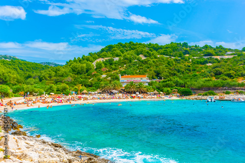 HVAR  CROATIA  AUGUST 8 2019  The beautiful Pokoniji Dol Beach in Hvar Island  Adriatic Sea