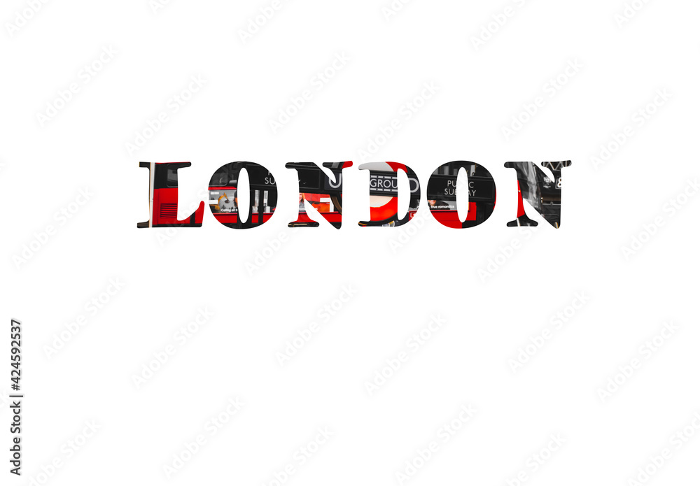 Image of London text isolated on white with traditionalfamous London things inside.