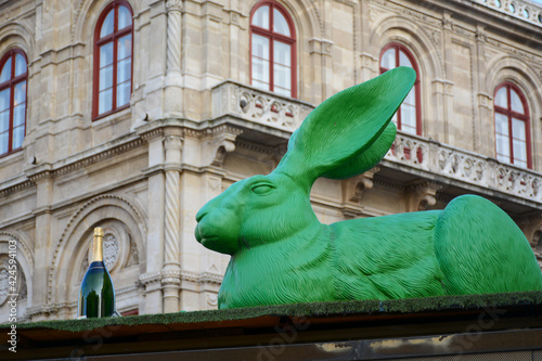 Vienna, Austria - July 25, 2019: Sculpture of Easter bunny near the Vienna Art museum Albertina