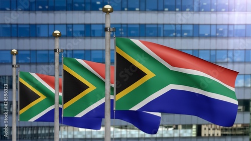 3D illustration African RSA flag skyscraper city. Tower with South Africa banner
