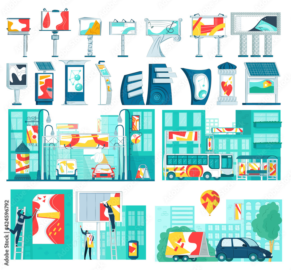 Advertising commercial business, set elements. Collection billboard advertising, vector illustration. Promotion information on city. Advertising commercial business, set elements. Collection billboard advertising, vector illustration. Promotion information on city.
