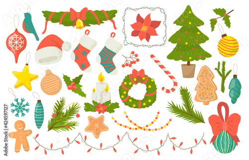 Festive decorative symbols, set christmas elements, vector illustration. Coll...
