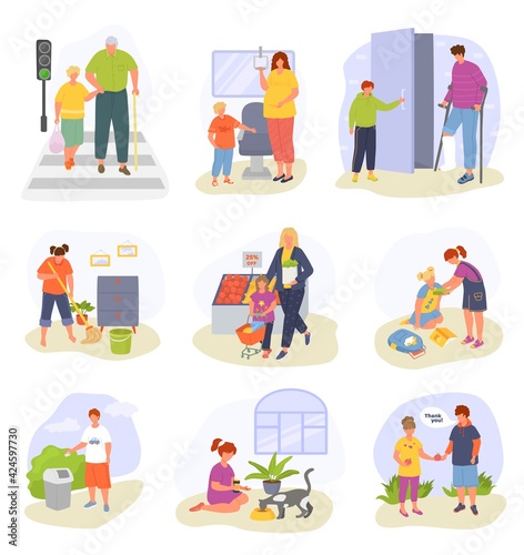 Collection posters with happy young people, vector illustration. Man woman character provide assistance in daily activities.