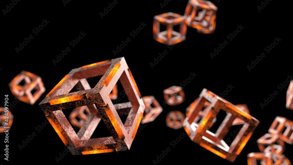 Orange illuminated Scattered Hot Iron Cube. Block chain network technology concept illustration. 3D illustration. 3D CG. 3D high quality rendering. Orange illuminated Scattered Hot Iron Cube. Block chain network technology concept illustration. 3D illustration. 3D CG. 3D high quality rendering.