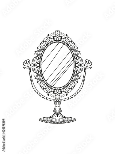 Freehand pencil drawing of a vintage table mirror. Sketchy antique baroque mirror. Vector illustration.