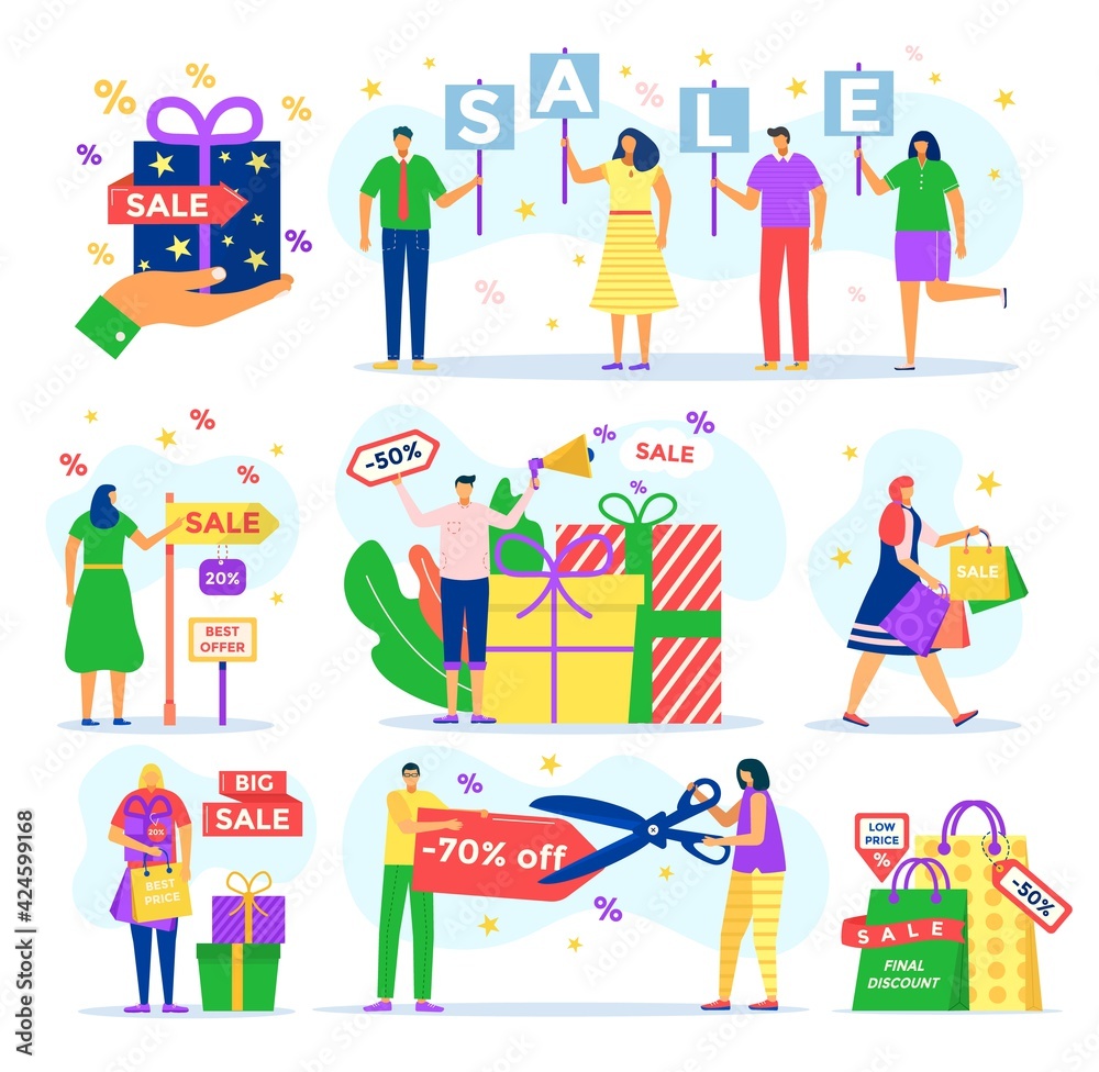 Promo elements for sale discount people set, vector illustration. Special offer for buyers characater, promotional tools, retail label. Promo elements for sale discount people set, vector illustration. Special offer for buyers characater, promotional tools, retail label.