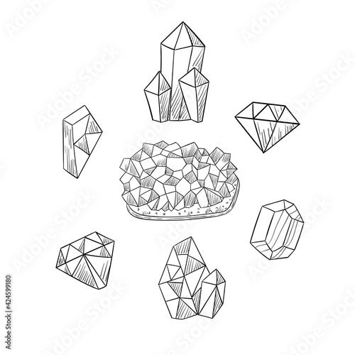 Freehand drawing of various crystals. Sketch of crystals icons. Vector illustration.