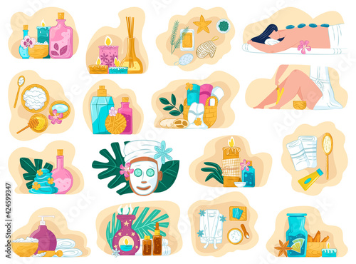 Fototapeta Naklejka Na Ścianę i Meble -  Spa care therapy, collection vector illustration. Luxury care for adult woman charcater, spa treatments at home. Salon cosmetics, accessories