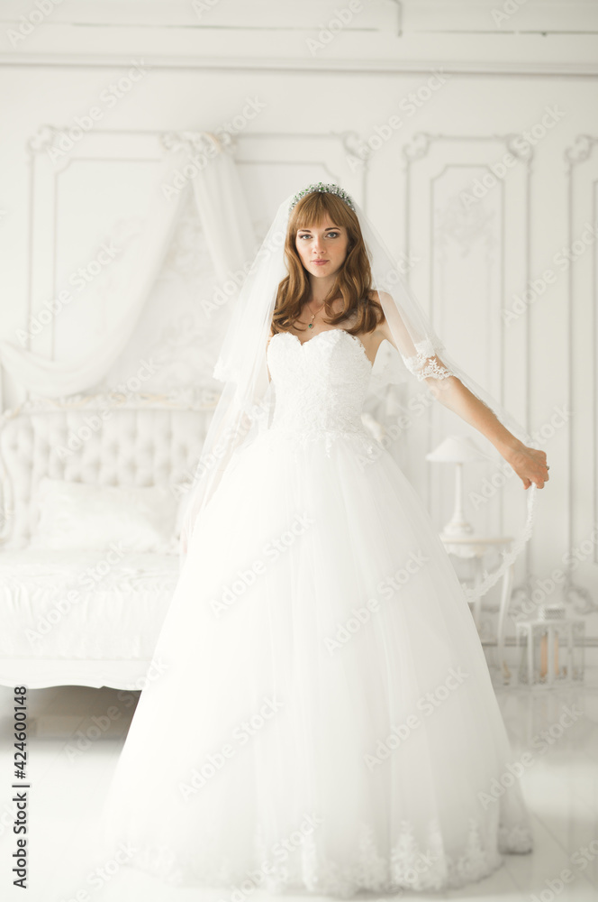 Luxury bride in white dress posing while preparing for the wedding ceremony Luxury bride in white dress posing while preparing for the wedding ceremony