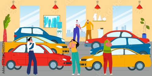 Customer man woman at car showroom, vehicle automobile sale business, vector illustration. People buy auto at dealer shop, flat dealership service.