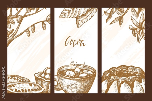 Cocoa banner, chocolate vertical flyer with background, vector illustration. Poster card set, graphic coffee bar collection concept. photo