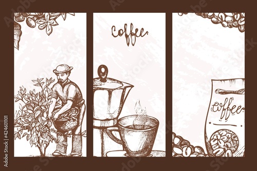 Cafe flyer with espresso cup, vector illustration. Retro restaurant banner wi...
