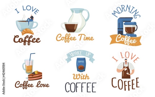 Coffee logo design set for cafe shop, vector illustration. Label with sign, c...