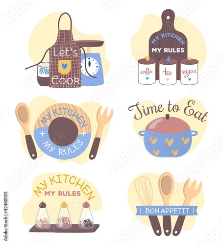 Kitchen decorative logo badge, lettering emblem vector illustration. Cooking calligraphy label design, cartoon restaurant food typography.