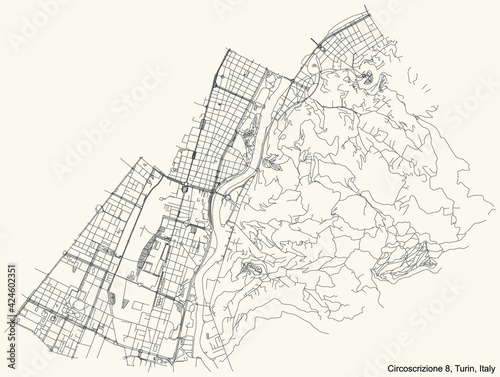 Black simple detailed street roads map on vintage beige background of the borough Circoscrizione 8 (San Salvario, Cavoretto, Borgo Po, Nizza Millefonti, Lingotto, Filadelfia) of Turin, Italy