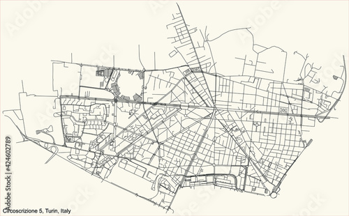 Black simple detailed street roads map on vintage beige background of the borough Circoscrizione 5 (Borgo Vittoria, Madonna di Campagna, Lucento, Vallette) of Turin, Italy