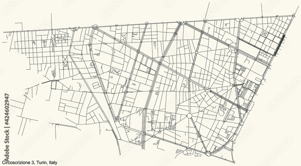 Black simple detailed street roads map on vintage beige background of the borough Circoscrizione 3 (San Paolo, Cenisia, Pozzo Strada, Cit Turin, Borgata Lesna) of Turin, Italy